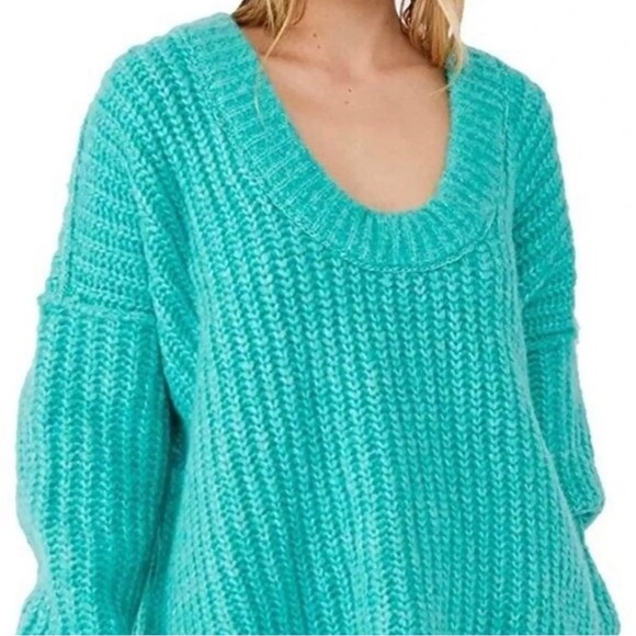 Free People Blue Bell Teal Blue V Neck Sweater New With Tags - Picture 1 of 5